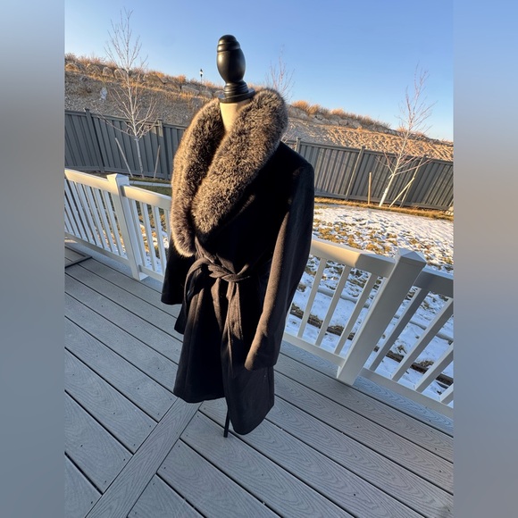 Escalier Black Wool Belted Coat with Genuine Fox Fur Collar Women’s Large Luxury - Picture 7 of 12